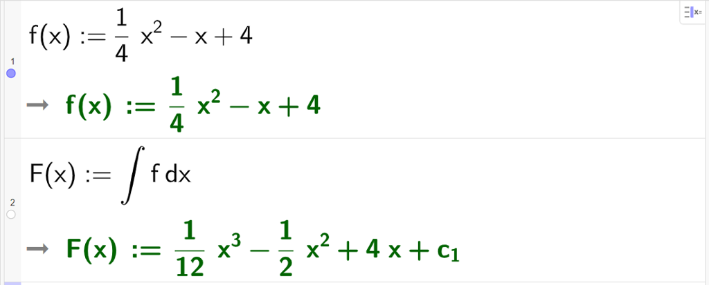 Integrasjon av funksjonen f i CAS. I linje 1 definerer vi funksjonen ved å skrive f parentes x parentes slutt kolon er lik 1 delt på 4 gonger x opphøgd i andre minus x pluss 4. I linje 2 bereknar vi integralet av f ved å skrive stor F parentes x parentes slutt kolon er lik integral f d x. Resultatet blir ein tredjegradsfunksjon gitt ved stor F parentes x parentes slutt kolon er lik 1 delt på 12 ganger x opphøgd i tredje minus 1 delt på 2 gonger x opphøgd i andre pluss 4 gonger x pluss c med låg indeks 1. Skjermutklipp.