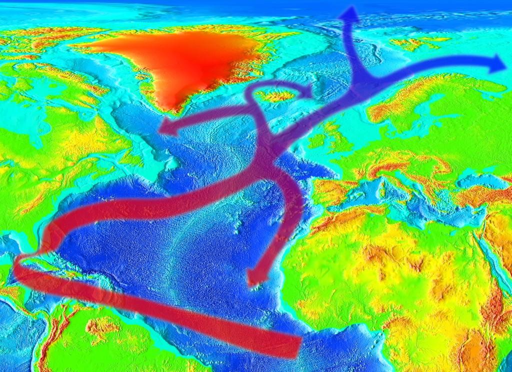Kart med piler som viser hvordan Golfstrømmen beveger seg. Illustrasjon.