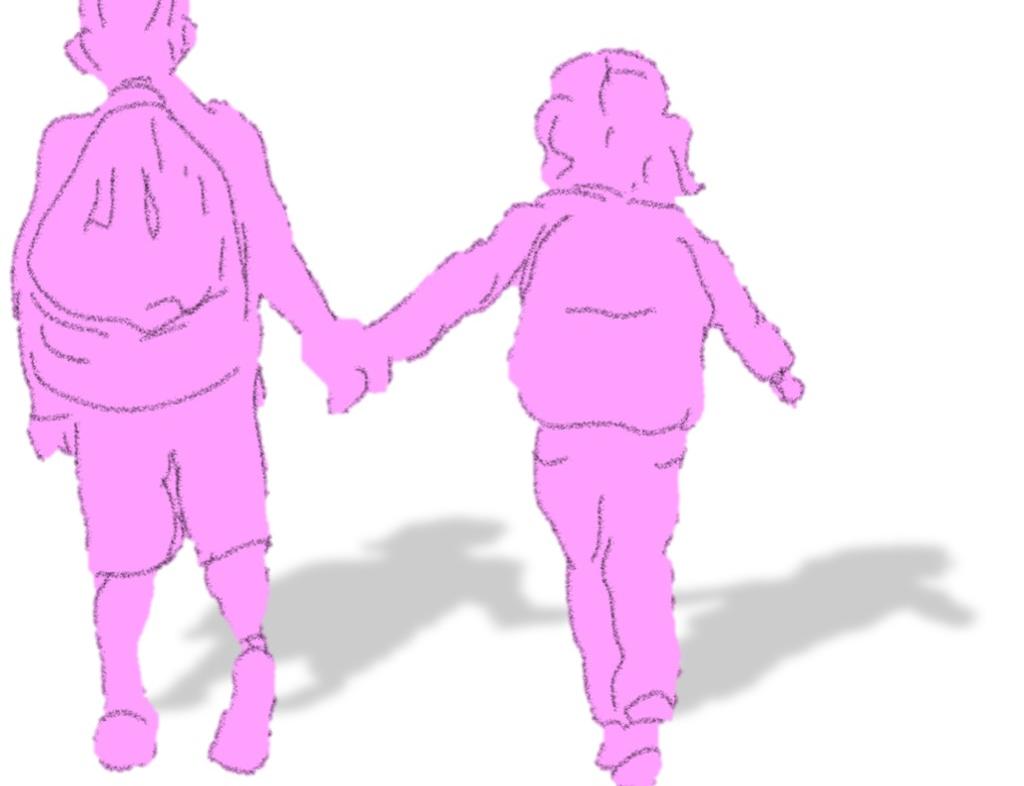 To barn holder hender og går sammen framover. Illustrasjon.