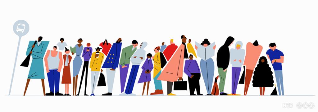 Illustration: A long row of people stand next to a bus stop sign. They are different shapes, sizes and colours.