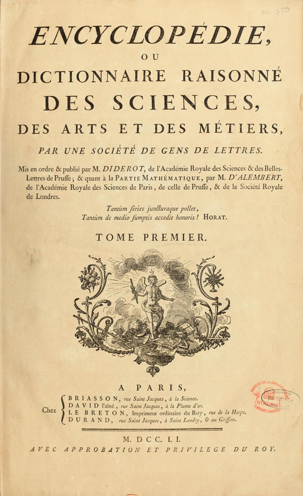 Forsida til den første encyklopedi, av Denis Diderot. Overskrift, underoverskrift og informasjon står på fransk. Illustrert med et snitt av en engel. Foto.