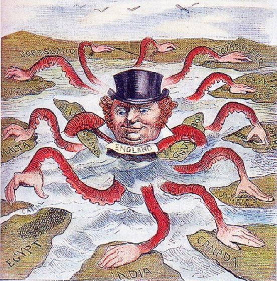 Jon Bull, personfiseringen av England, som en blekksprut som strekker armene ut til forskjellige land og regioner i verden. Karikaturtegning.