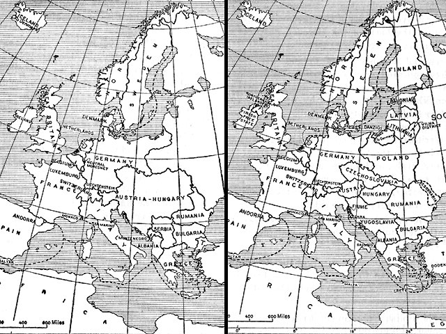 Kart som sammenlikner Europa i 1914 og i 1924. Illustrasjon.