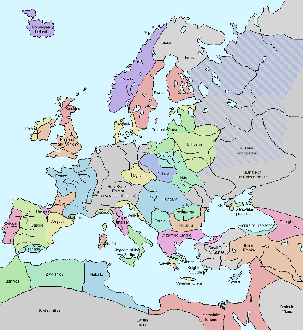 Europa under føydalismen på begynnelsen av 1300-tallet. Kart.