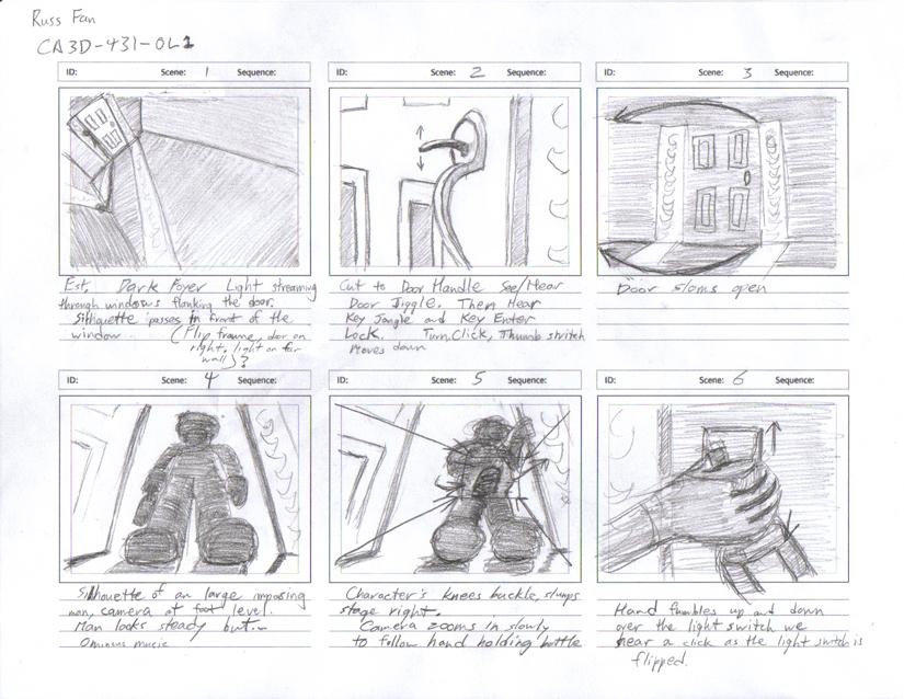 A hand-drawn storyboard with descriptions for each scene. 