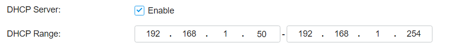 Utsnitt frå det førre biletet som viser at det er kryssa av på "Enable" ved DHCP Server. Skjermbilete.