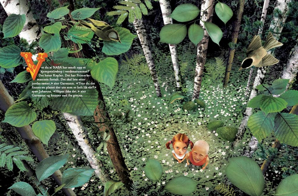 Illustrasjon av to barn som står i en skog og ser oppover. Skriftlig tekst formidler at de snakker om verdensrommet.