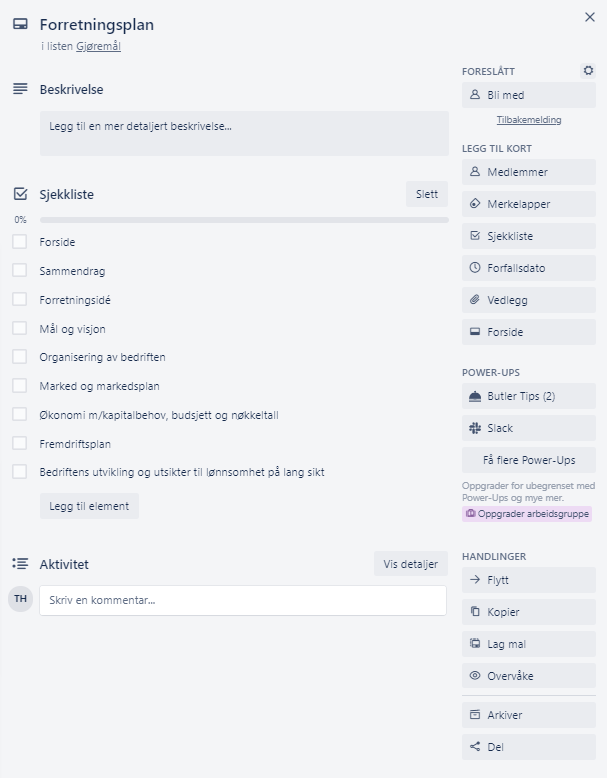 Et Trello-kort som lister opp de ulike gjøremålene forbundet med å skrive en forretningsplan. Skjermbilde.