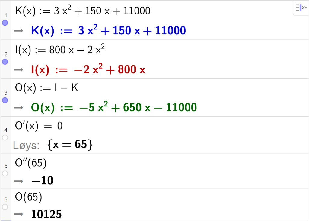 Skjermutklipp av CAS-utrekning med GeoGebra. På linje 1 blir kostnadsfunksjonen K av x kolon er lik 3 x i andre pluss 150 x pluss 11000 skriven inn. På linje 2 blir inntektsfunksjonen I av x kolon er lik 800 x minus 2 x i andre skriven inn.  På linje 3 blir Overskuddsfunksjonen O av x kolon er lik I minus K skriven inn. Resultatet er O av x kolon er lik minus 5 x i andre pluss 650 x minus 11000. På linje 4 blir likninga O derivert av x er lik 0 løyst. Svaret med "Løys" er x er lik 65. På linje 5 blir O dobbeltderivert av 65 rekna ut. Svaret er minus 10. På linje 6 blir O av 65 rekna ut. Svaret er 10125.