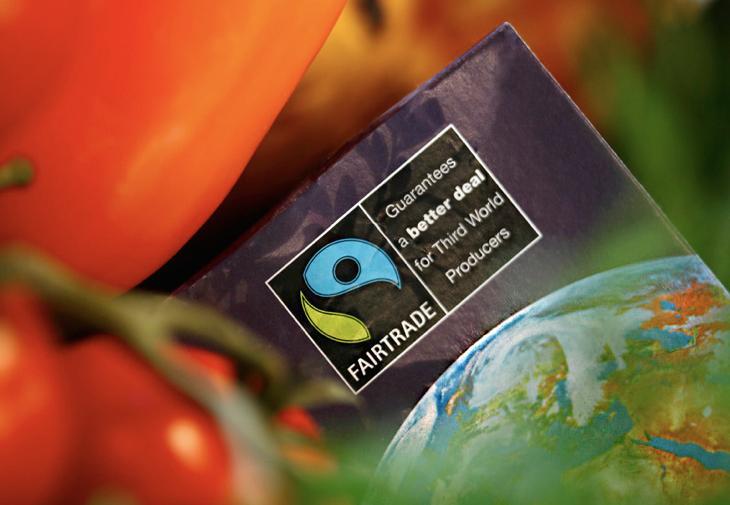 Tomatar som er merkte med ein etikett med Fairtrade-logo. Foto.