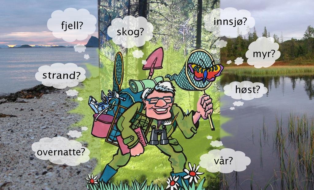 Tegning som forestiller biologilærer med mange tankebobler om feltarbeid. I tankeboblene står det blant annet «fjell?», «skog?», «høst?» og «vår?». Illustrasjon.