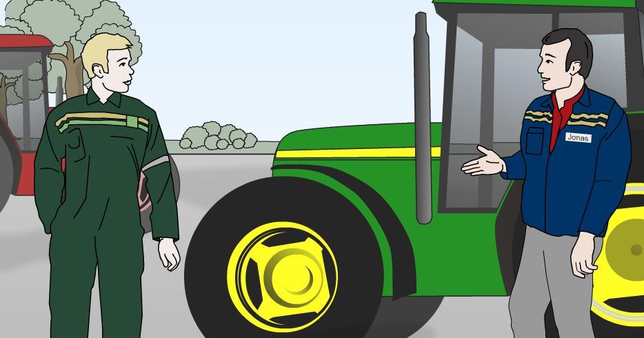 En mann i grønn kjeledress og en mann med navnelappen "Jonas" står og snakker sammen ved en grønn traktor. En rød traktor er i bakgrunnen. Illustrasjon.