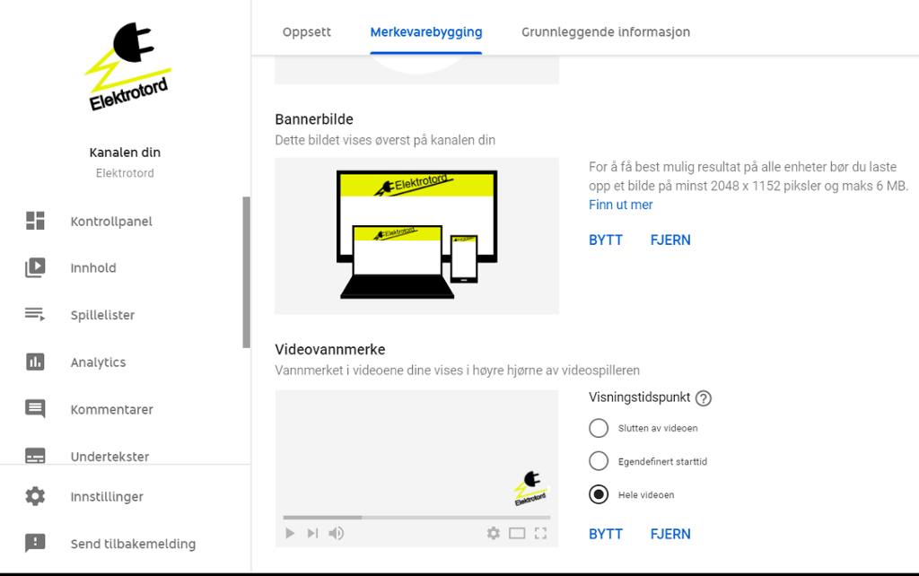 YouTube skaparstudio. Oppe til venstre ser vi ein svart og gul logo med stikkontakt og teksten "Elektrotord". Vi ser ei rekkje menyval til venstre. I midten ser vi utsnitt av TV-skjerm, PC og mobil med ei gul, smal stripe med bilete av stikkontakt og teksten Elektrotord på skrå. Nede i midten blir det vist ei lita videorute med eit vassmerke nede til venstre i gult og svart, med logo. Skjermbilete. 