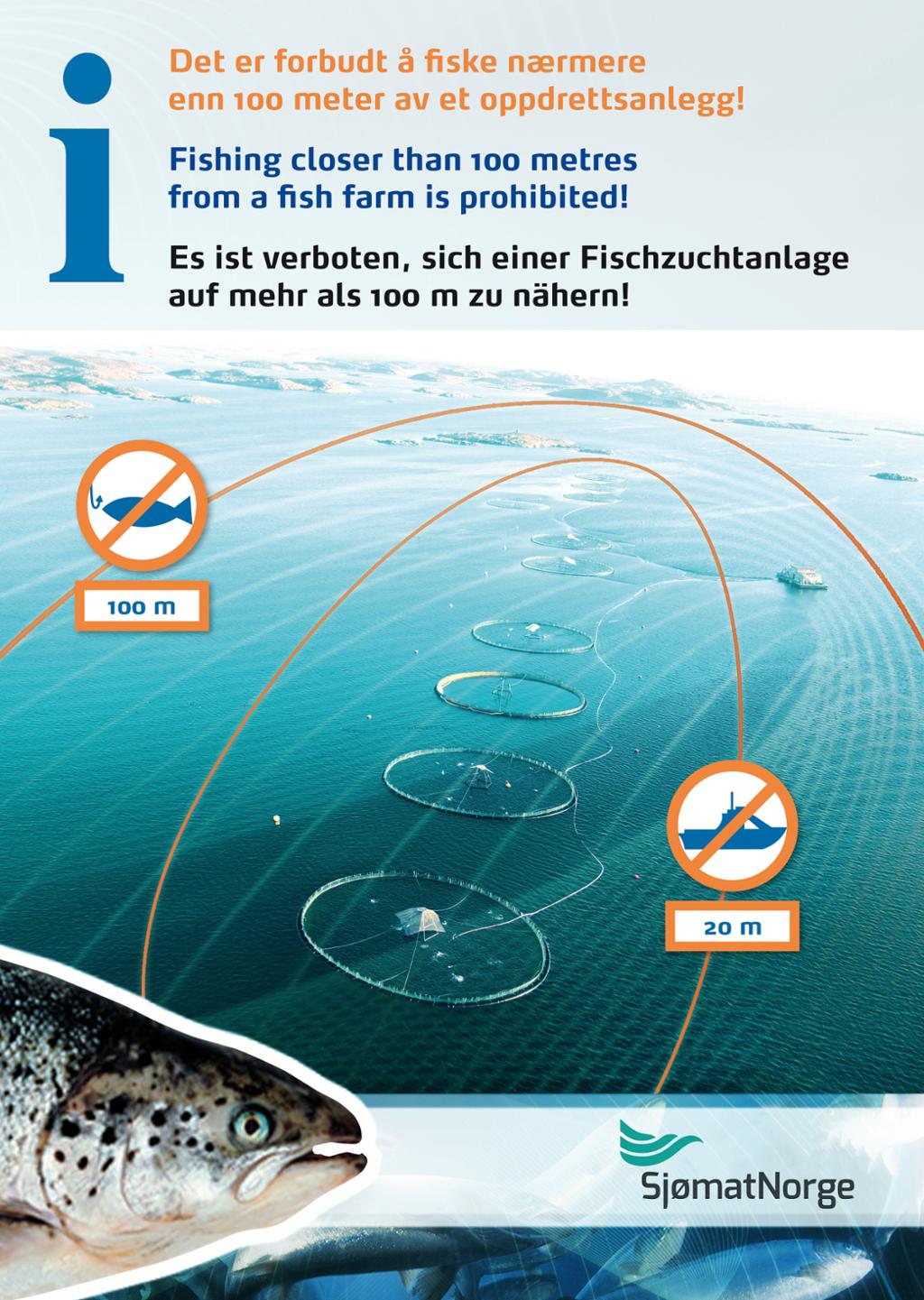 Plakat om ferdselsforbod ved oppdrettsanlegg med tekst på norsk, engelsk og tysk. Illustrasjon.