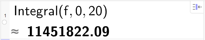 CAS-utrekning, ei linje. Det står Integral parentes f komma null komma 20 parentes slutt. Resultatet er tilnærma lik 11451822,09. Skjermutklipp.