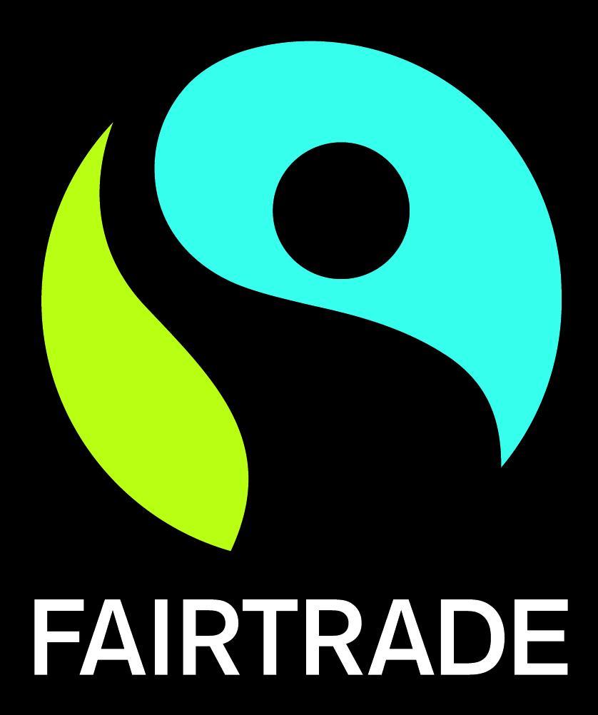 En svart firkant med en silhuett av et menneske som holder rundt en grønn og turkis sirkel. Under silhuetten er teksten "Fairtrade" skrevet med hvite bokstaver. Illustrasjon.