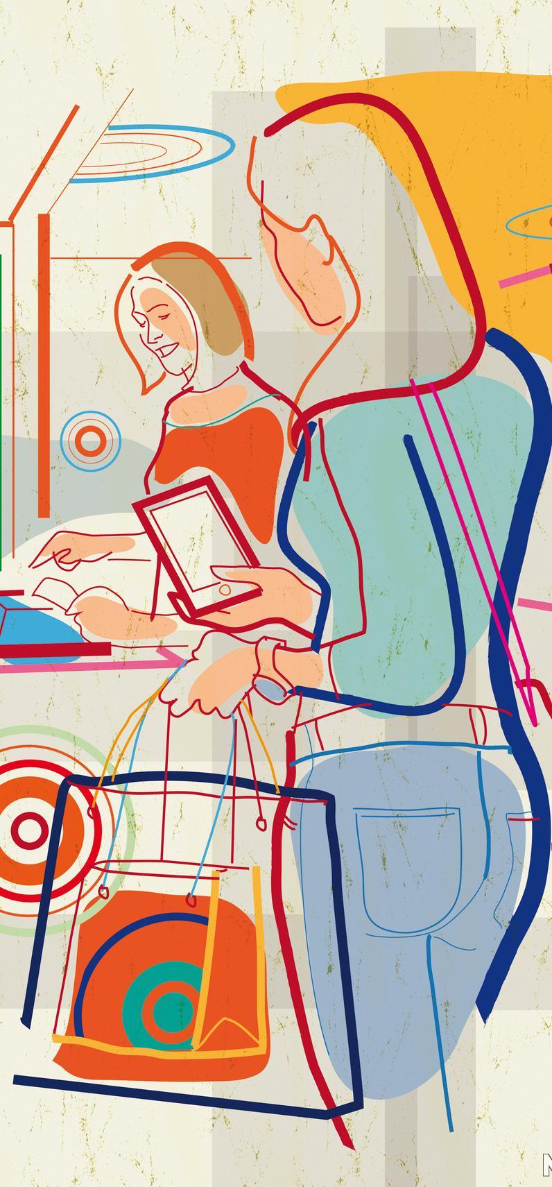 Kvinner som handlar med mobil. Illustrasjon.