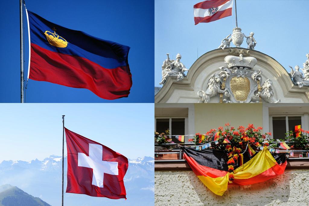 Flagg fra fire tysktalende land. Foto.