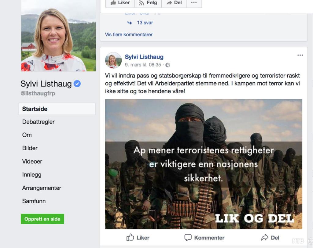 Sylvi Listhaugs Facebook-konto med bilete av maskerte framandkrigarar og teksten "AP mener at terroristenes rettigheter er viktigere enn nasjonens sikkerhet". Skjermdump.
