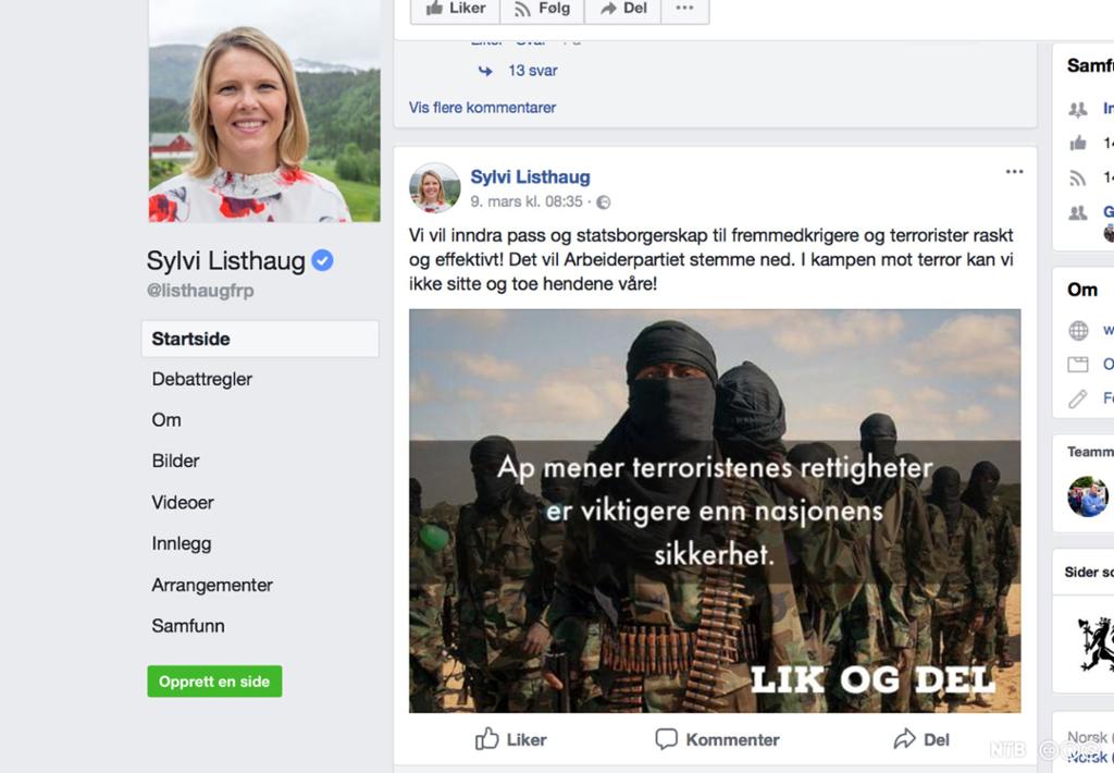 Sylvi Listhaugs Facebook-konto med bilde av maskerte fremmedkrigere og teksten "AP mener at terroristenes rettigheter er viktigere enn nasjonens sikkerhet". Skjermdump.
