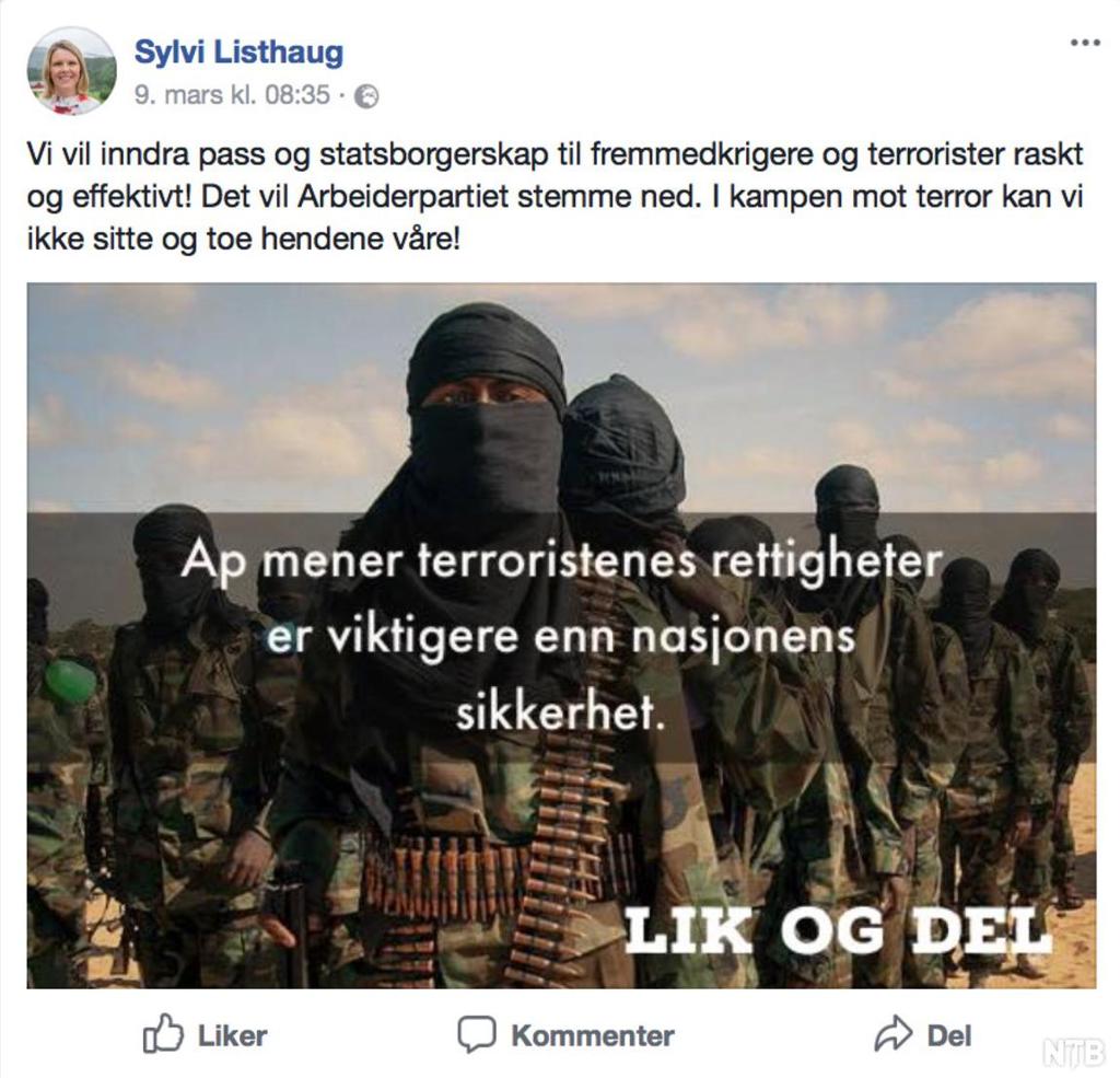 Sylvi Listhaugs Facebook-konto med bilde av maskerte fremmedkrigere og teksten "Ap mener terroristenes rettigheter er viktigere enn nasjonens sikkerhet". Faksimile.