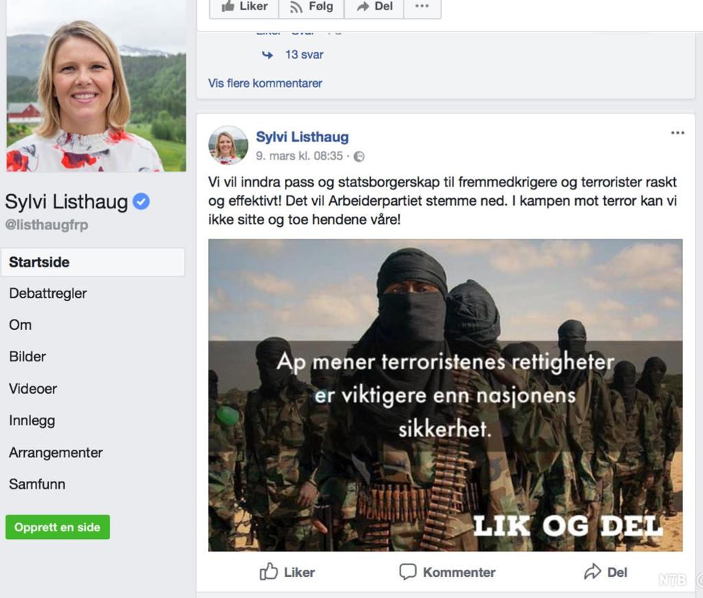 Sylvi Listhaugs Facebook-konto med bilde av maskerte fremmedkrigere og teksten "AP mener at terroristenes rettigheter er viktigere enn nasjonens sikkerhet". Skjermbilde.