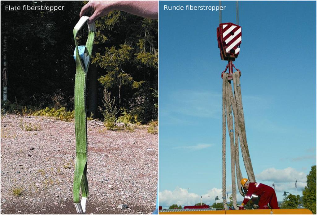 Til venstre flate fiberstroppar, til høgre runde fiberstroppar. Foto.