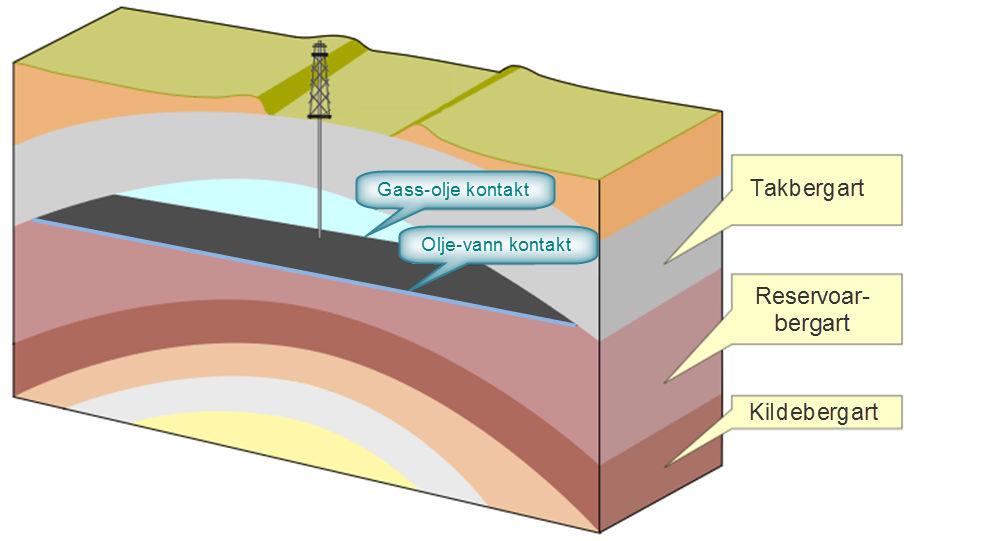 Snitt gjennom et reservoar der gass, olje og vann er skilt i tre lag inne i bergarten. Illustrasjon.