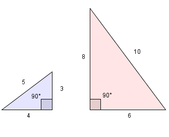 To rettvinkla trekantar der sidene i den minste er 3, 4 og 5. Sidene i den største er 6, 8 og 10. Illustrasjon.