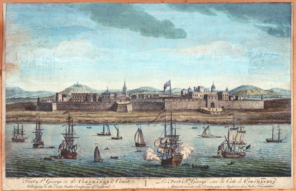 Fort St. George, den første store engelske bosettingen i India, og grunnlaget for byen Chennai (tidligere Madras). Trykk.