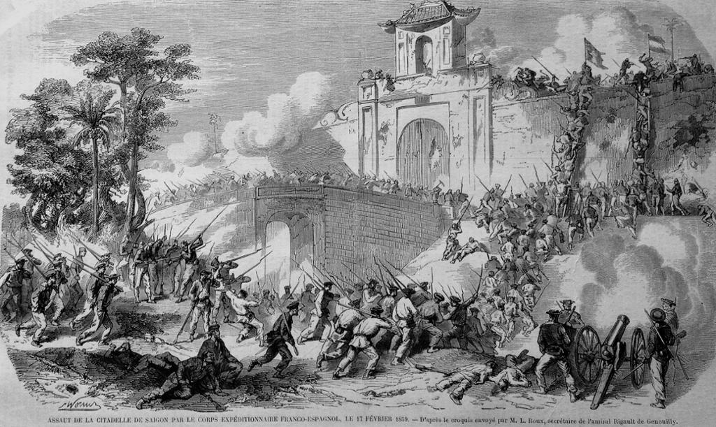 Franskmennene tek Saigon, 17. februar 1859. Illustrasjonen viser franske soldatar som angrip bymuren med gevær og artilleri. Illustrasjon.