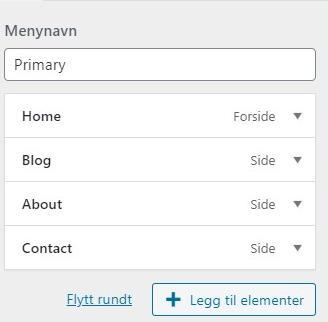 En hvit og grå boks med menynavn (home, blog, about og contact). Skjermbilde.