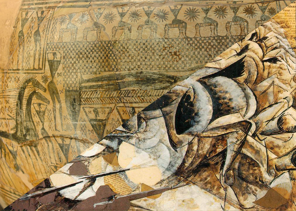 Det øverste bildet er fra en dipylon vase fra gamle Hellas, fra ca 750 før vår tidsregning. Det nederste bildet er et maleri fra 1915 og det ligger til stilepoken Futurismen. Kollasj.