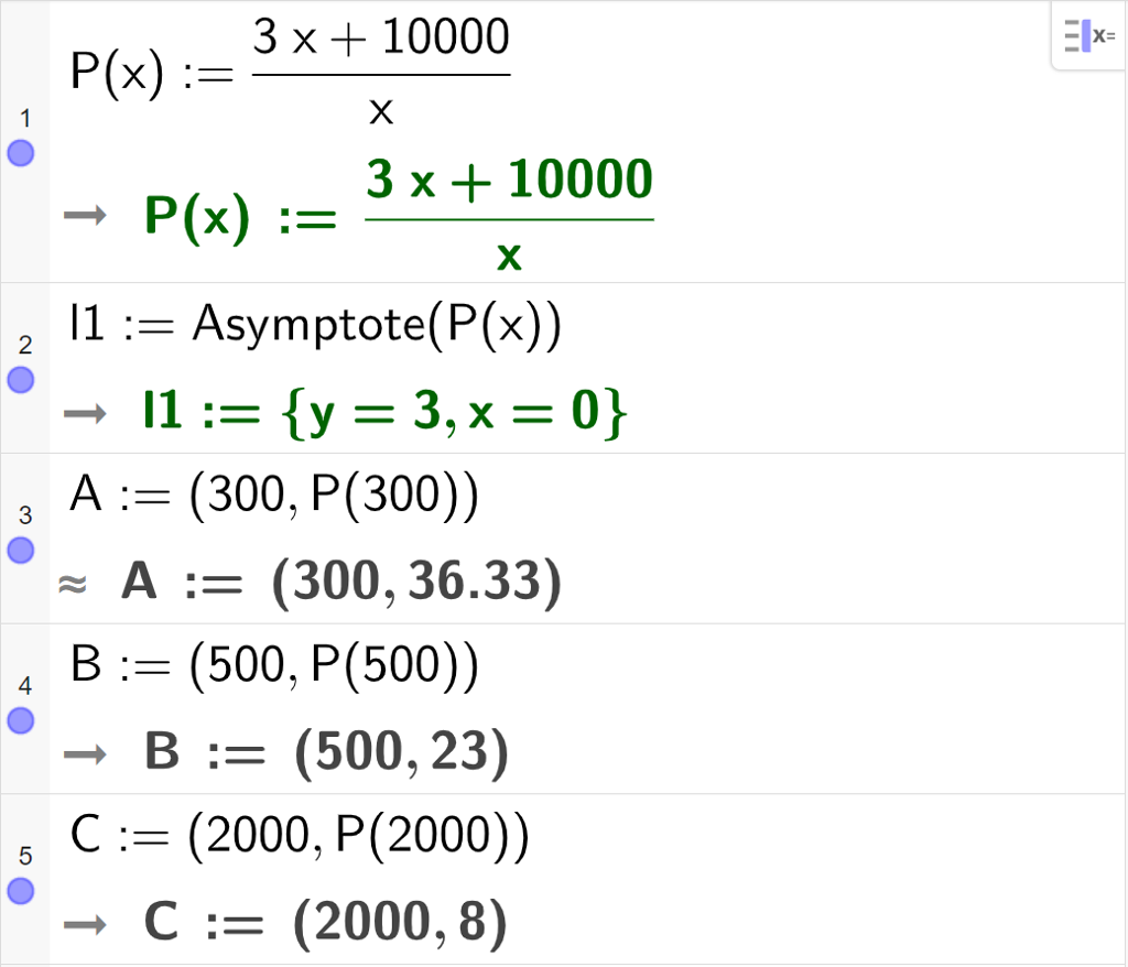 CAS-utrekning med GeoGebra. På linje 1 er det skrive P av x kolon er lik parentes 3 x pluss 10000 parentes slutt delt på x. Svaret er det same. På linje 2 er det skrive l 1 kolon er lik Asymptote parentes P av x parentes slutt. Svaret er l 1 kolon er lik sløyfeparentes y er lik 3 og x er lik 0 sløyfeparentes slutt. På linje 3 er det skrive A kolon er lik parentes 300 komma P av 300 parentes slutt. Svaret med tilnærming er A kolon er lik parentes 300 komma 36,33. På linje 4 er det skrive B kolon er lik parentes 500 komma P av 500 parentes slutt. Svaret er B kolon er lik parentes 500 komma 23. På linje 5 er det skrive C kolon er lik parentes 2000 komma P av 2000 parentes slutt. Svaret er C kolon er lik parentes 2000 komma 8. Skjermutklipp.