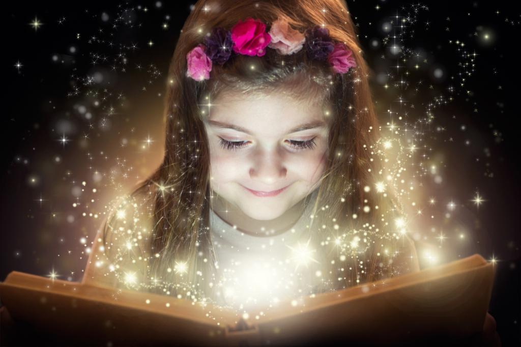 En jente med blomster i håret leser en magisk bok det kommer stjerner og støv ut av. Foto med grafikk.