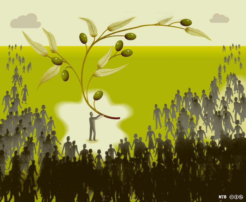 Illustration: Crowds gather to watch a man holding a giant olive branch. 