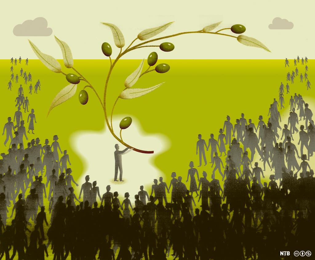 Illustration: Crowds gather to watch a man holding a giant olive branch.