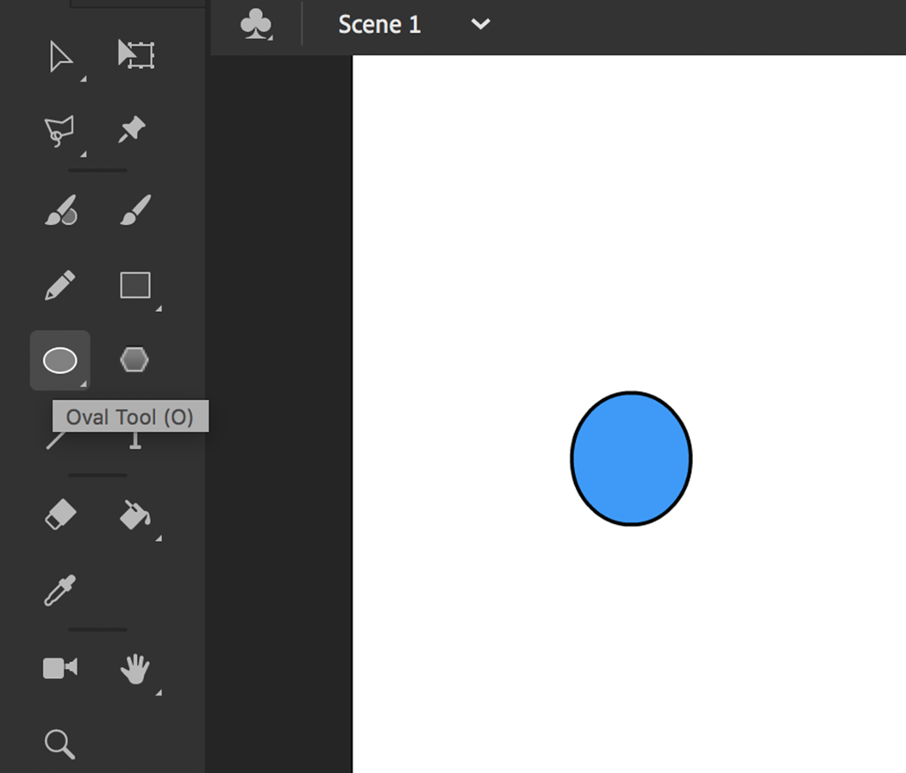 Arbeidsvindu i Animate. Til venstre er det ei verktøylinje med symboler som sirkel, hånd og pensel. Til høyre er det en blå runding på hvit bakgrunn. Skjermbilde. 