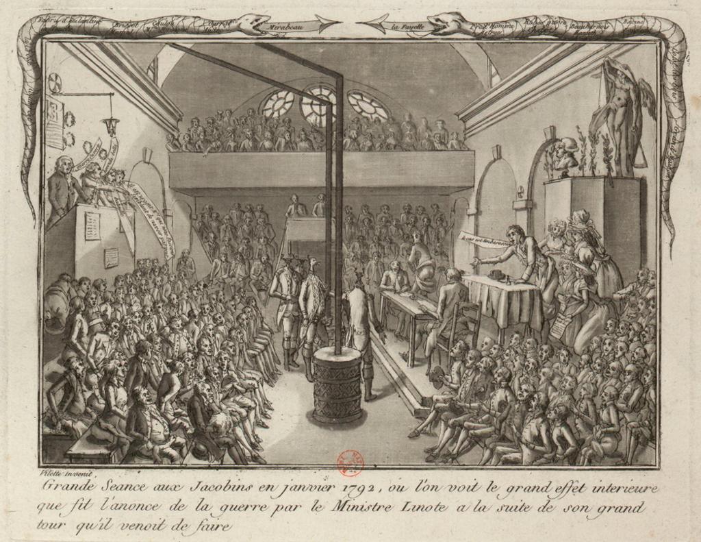 Møte i Jakobinerklubben i Paris under den franske revolusjonen. Det er en stor folkemengde til stede. Noen står på en talerstol og snakker engasjert. Illustrasjon fra 1792. 