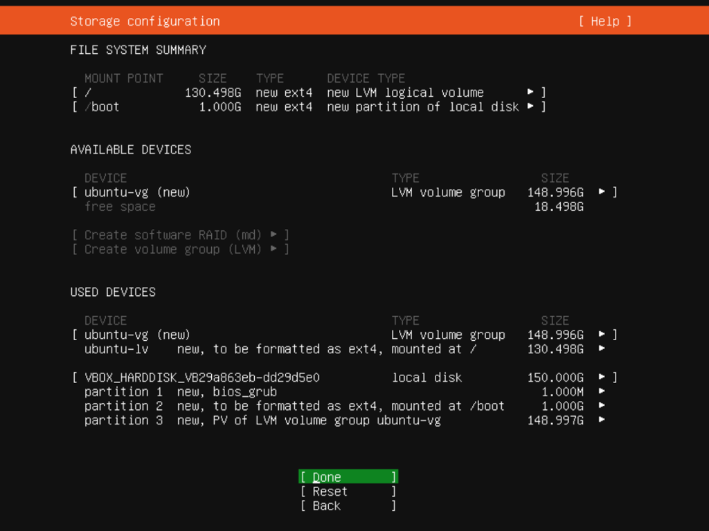 Sammendrag og foreslått konfigurasjon av harddisk. Skjermbilde fra Ubuntu Server 20.04.