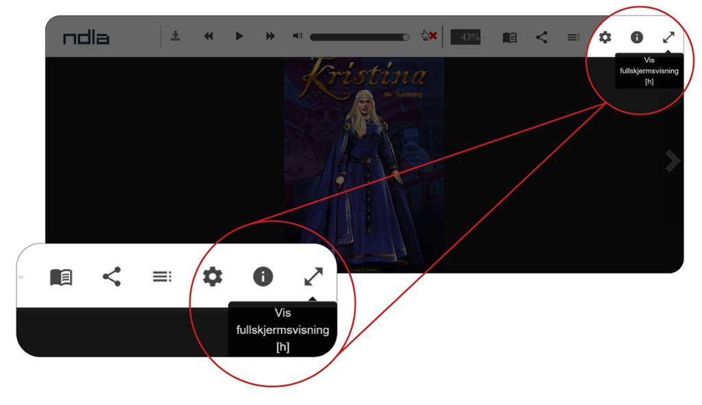 Utsnitt av menyvalet "Vis fullskjermsvisning" i NDLAs leseverktøy. Eit symbol med pil i to retningar. Illustrasjon.