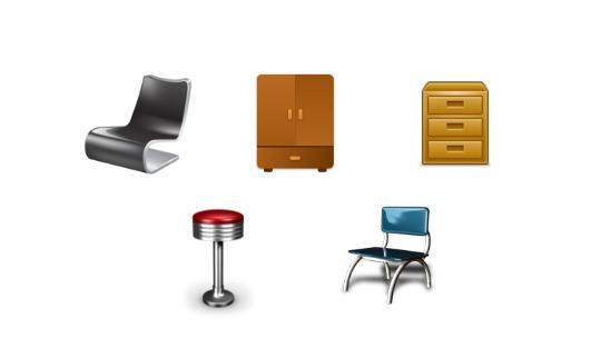Ulike typer møbler: laminert stol, skap, kommode, barkrakk og kjøkkenstol. Illustrasjon.