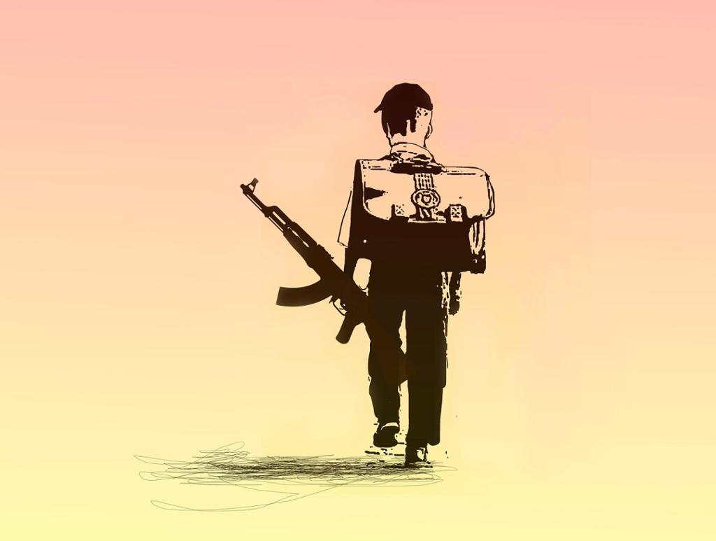 A small child with a large backpack walking away, in his left hand they are carrying a machine gun. Illustration.