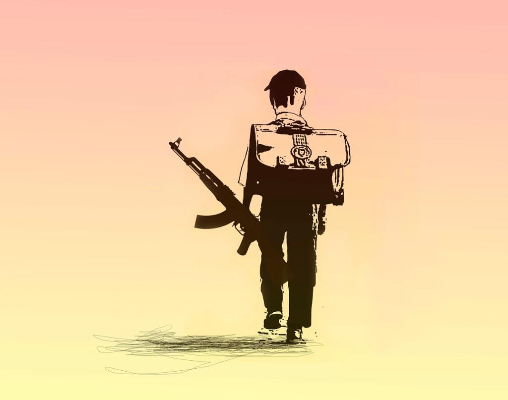  A small child with a large backpack walking away, in his left hand they are carrying a machine gun. Illustration.