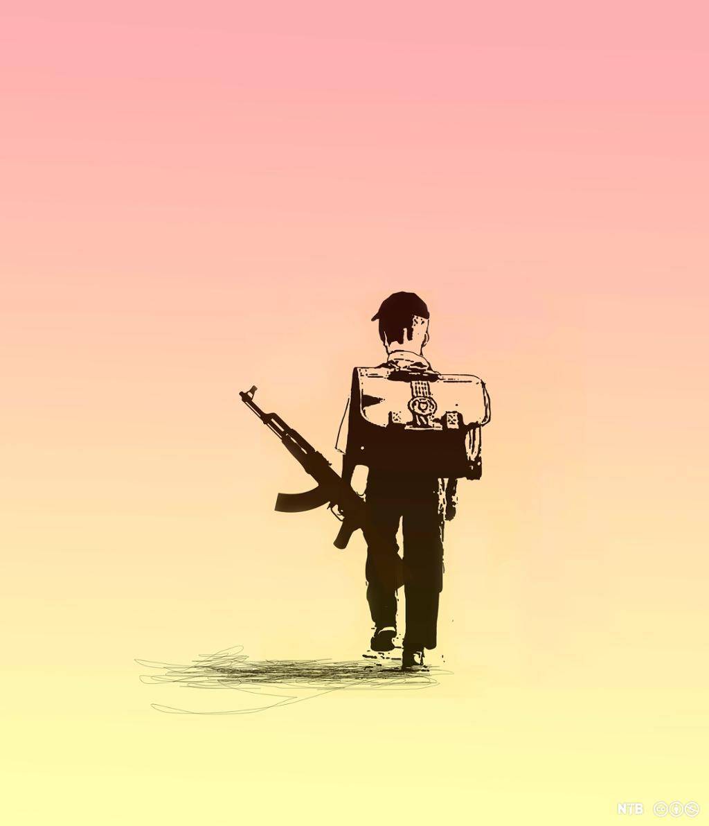 A small child with a big packpack carrying a machine gun. They are walking away from the viewer. The background is pink and yellow. The mood is sad/sombre. Illustration.