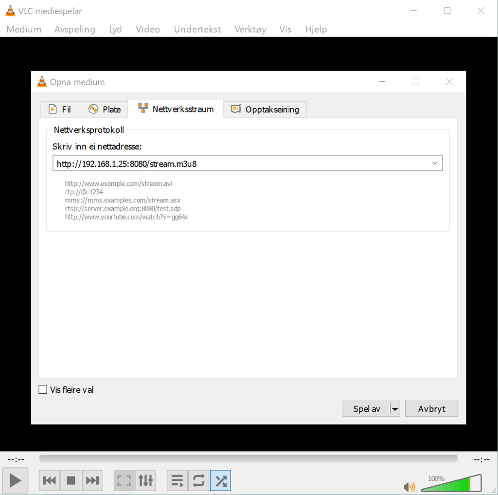 Vindauge merkt "Opna medium". Ei nettverksadresse er fylt inn. Skjermbilete.  