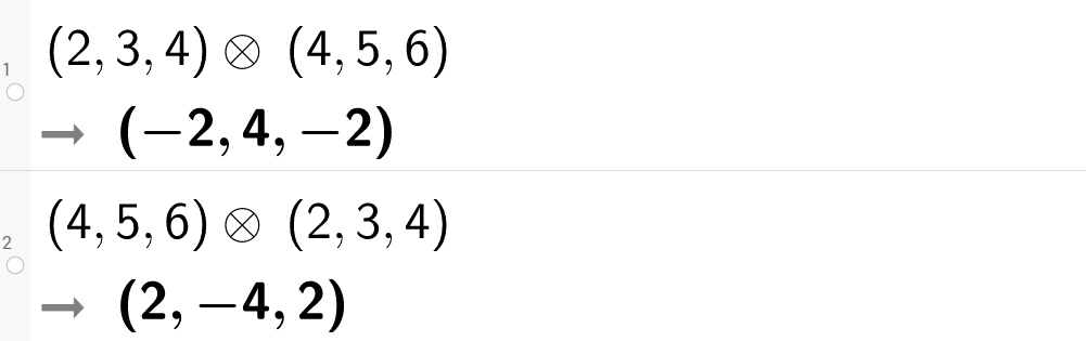 Regne ut vektorprodukt i CAS GeoGebra. Bilde.