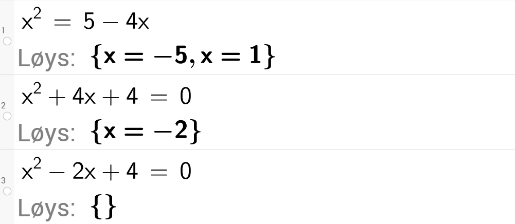 Skjermutklipp frå CAS-vindauget i GeoGebra. På linje 1 er det skrive x i andre er lik 5 minus 4 x. Svaret med Løys er x er lik minus 5 eller x er lik 1. På linje 2 er det skrive x i andre pluss 4 x pluss 4 er lik 0. Svaret med Løys er x er lik minus 2. På linje 3 er det skrive x i andre minus 2 x pluss 4 er lik 0. Svaret med Løys er ingenting. Skjermutklipp.
