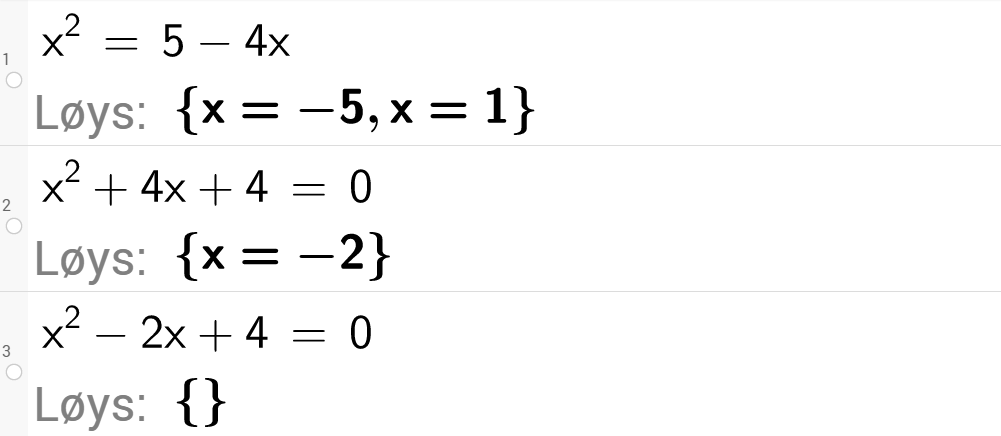 Løse andregradslikning i GeoGebra. Bilete.