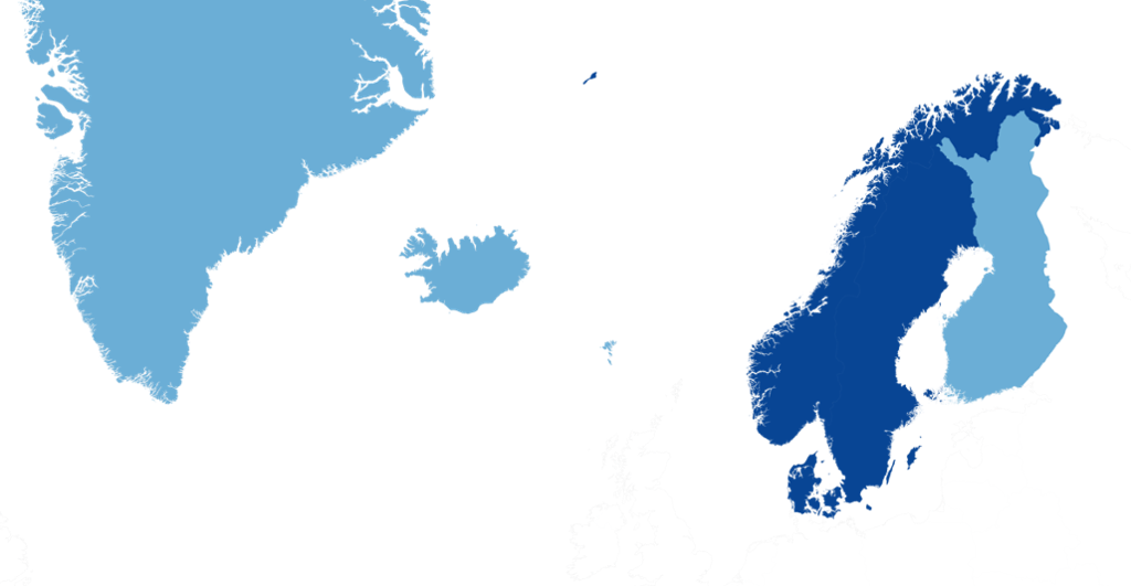 Et kart som viser hvor Norden og Skandinavia ligger. Illustrasjon.